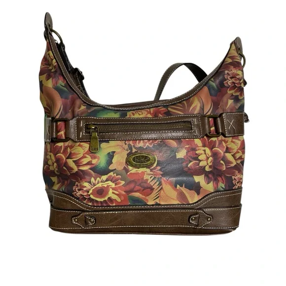BOC Floral Shoulder Bag Brown Trim Hobo Purse Multi Pocket - Picture 1 of 9